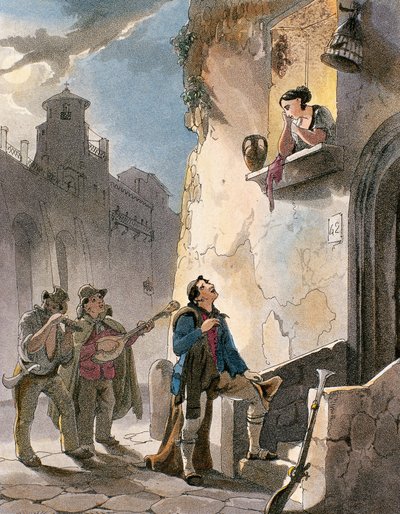 Sérénade, illustration de Costumes et scènes populaires de Naples par Achille Vianelli - Teodoro Guglielmo Witting