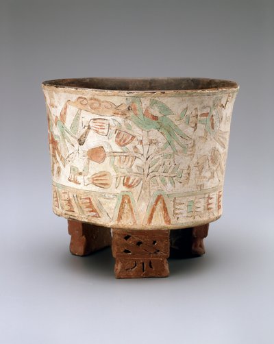 Vase tripode avec deux souffleurs et oiseaux quetzal dans des cacaoyers, fin Xolalpan, 550-650 - Teotihuacan Teotihuacan