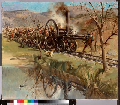 La locomotive Penydarren de Trevithick lors de son voyage épique de Merthyr à Abercynon, 21 février 1804 (1963) (huile sur toile) - Terence Cuneo
