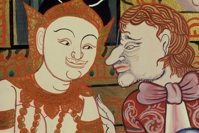 Peinture contemporaine dans le style classique montrant des Thaïlandais et des Occidentaux - Thai School