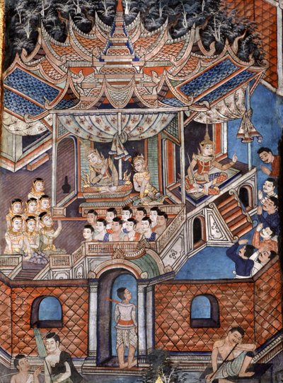 (détail) peintures murales de Viharn laikam représentant les Contes de Sang Thong - Thai School