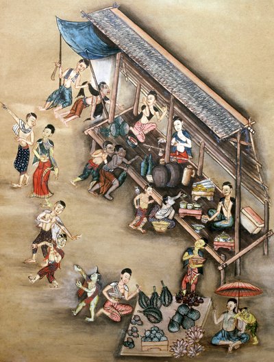 Peinture populaire représentant une scène de marché - Thai School