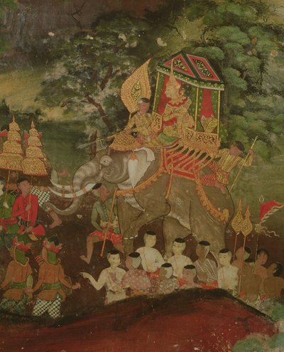 Roi Sanjaya sur un éléphant, Wat Suwannaram, Dhonburi, 1831 - Thai School