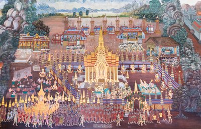 Fresque représentant des scènes du Ramayana au Wat Phra Kaeo, Palais Royal, Bangkok, Thaïlande - Thai School