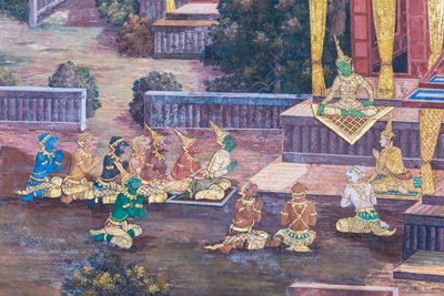 Fresque représentant des scènes du Ramayana au Wat Phra Kaeo, le Grand Palais Royal, Bangkok, Thaïlande - Thai School