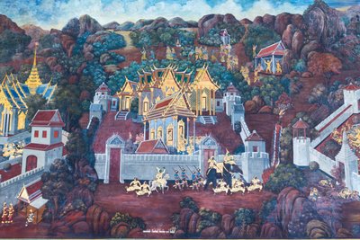 Fresque représentant des scènes du Ramayana au Wat Phra Kaeo, Palais Royal, Bangkok, Thaïlande - Thai School