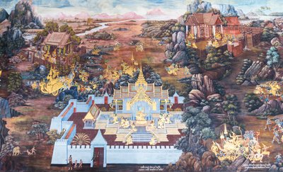 Fresque représentant des scènes du Ramayana au Wat Phra Kaeo, Palais Royal, Bangkok, Thaïlande - Thai School