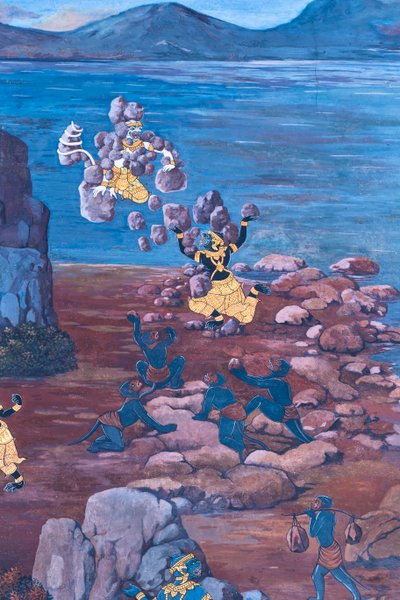 Fresque représentant des scènes du Ramayana au Wat Phra Kaeo, Palais Royal, Bangkok, Thaïlande - Thai School
