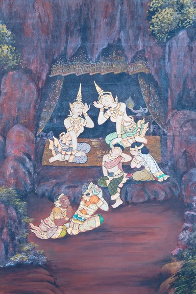 Fresque représentant des scènes du Ramayana au Wat Phra Kaeo, Palais Royal, Bangkok, Thaïlande - Thai School