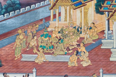Fresque représentant des scènes du Ramayana au Wat Phra Kaeo, le Palais Royal, Bangkok, Thaïlande - Thai School