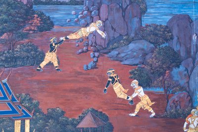 Fresque représentant des scènes du Ramayana au Wat Phra Kaeo, le Grand Palais Royal, Bangkok, Thaïlande - Thai School