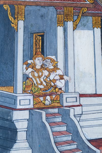 Fresque représentant des scènes du Ramayana au Wat Phra Kaeo, le Palais Royal, Bangkok, Thaïlande - Thai School