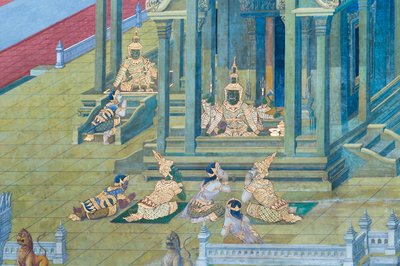 Fresque représentant des scènes du Ramayana au Wat Phra Kaeo, le Palais Royal, Bangkok, Thaïlande - Thai School