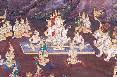 Fresque représentant des scènes du Ramayana au Wat Phra Kaeo, le Palais Royal, Bangkok, Thaïlande - Thai School