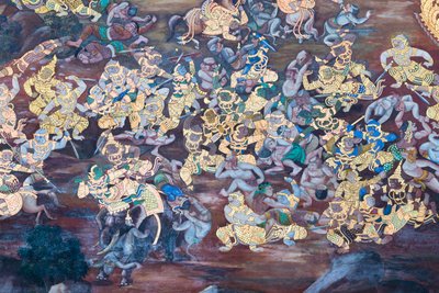Fresque représentant des scènes du Ramayana au Wat Phra Kaeo, le Palais Royal, Bangkok, Thaïlande - Thai School