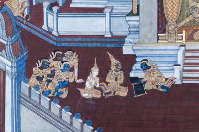 Fresque représentant des scènes du Ramayana au Wat Phra Kaeo, le Palais Royal, Bangkok, Thaïlande - Thai School