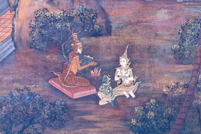 Fresque représentant des scènes du Ramayana au Wat Phra Kaeo, le Palais Royal, Bangkok, Thaïlande - Thai School