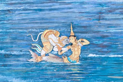 Fresque représentant des scènes du Ramayana à Wat Phra Kaeo, le Grand Palais Royal, Bangkok, Thaïlande - Thai School