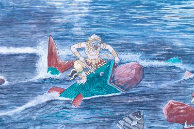 Fresque représentant des scènes du Ramayana à Wat Phra Kaeo, le Grand Palais Royal, Bangkok, Thaïlande - Thai School