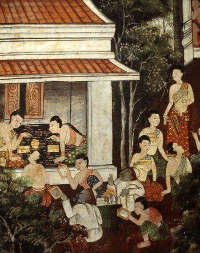 Dames du palais achetant des bijoux et des miroirs à des marchands musulmans, style Rattanakosin - Thai School