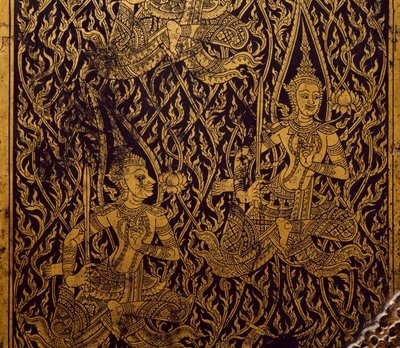 Armoire pour sutra, bois sculpté et laqué, de Bangkok, Thaïlande (détail) - Thai School