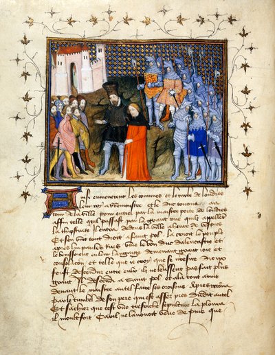 (Folio entier) Le roi Richard II, captif mené à Londres par Henry Bolingbroke, renonce au trône; bordure décorée avec texte en dessous. - The Virgil Master