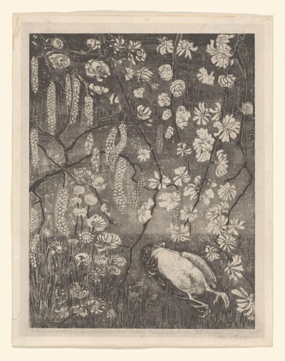 Oiseau mort sous des branches de noisetier et de chèvrefeuille - Theo van Hoytema