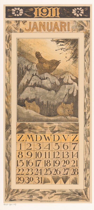 Page de calendrier de janvier avec troglodyte et souris (Kalender 1911 12 lithografien door Th. v. Hoytema) - Theo van Hoytema