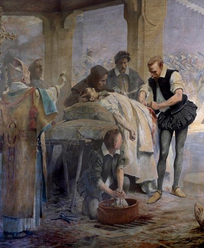Le docteur Ambroise Paré pratique la ligature des artères sur un arquebusier blessé lors du siège de Metz par Charles V en 1553 (détail) - Theobald Chartran