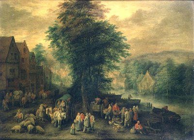Paysage boisé avec paysans, chariots et bétail - Theobald Michau