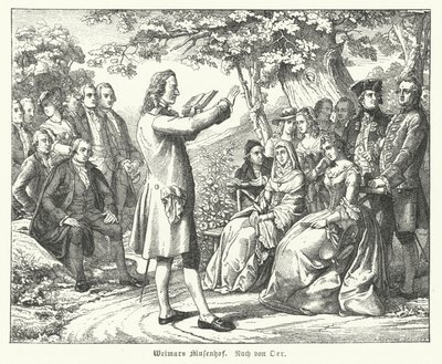La Cour des Muses de Weimar : le poète et dramaturge allemand Friedrich Schiller lisant au château de Tiefurt, avec Christoph Martin Wieland, Johann Wolfgang Goethe et Johann Gottfried Herder parmi les auditeurs (gravure) - Theobald Reinhold von Oer