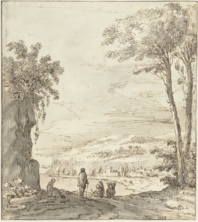 Paysage fluvial italien avec promeneurs près d
