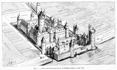 Vue aérienne du Louvre sous le règne de Philippe II Auguste (1180-1223) - Theodor Josef Hubert (after) Hoffbauer