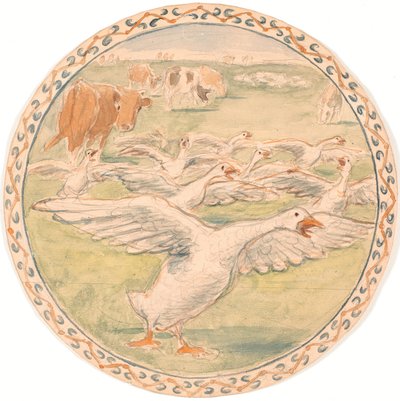 Vaches paissant et oies criant (esquisse pour un plat en céramique) - Theodor Philipsen