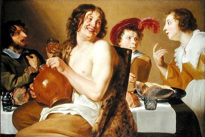 Personnages mangeant et buvant autour d
