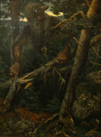 Vieux troll cassant des arbres dans la forêt - Theodor Kittelsen
