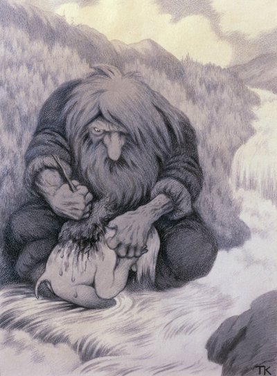 Le troll lavant son enfant - Theodor Kittelsen