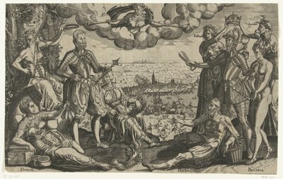 Comparaison entre Orange et Alva, avec en arrière-plan la Furie espagnole, vers 1577 - Theodor de Bry (attributed to)