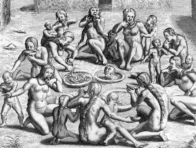 Un bouillon est fait à partir des intestins : cannibalisme par les Indiens du Nouveau Monde (Amazonie), gravure de Théodore de Bry pour le livre "Le Voyage au Brésil de Jean de Léry 1556-1558" publié en 1578 - Theodor de Bry