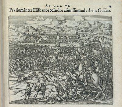 Bataille entre les Espagnols et les Indiens aux portes de Cuzco, 1596 - Theodor de Bry