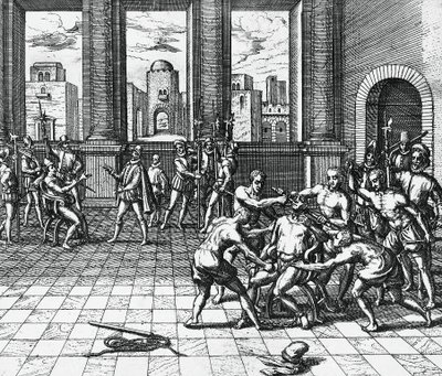 Empereur Inca Atahualpa étranglé par les troupes de Pizarro, 26 juillet - Theodor de Bry