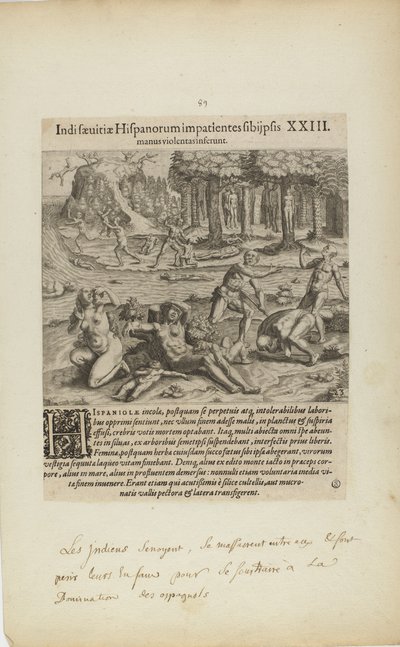 Indisaeuitiae Hispanorum Impatientes Sibi Psis/Manus Violentas Inserunt. XXIII. (extrait du livre Americae, quatrième partie) - Theodor de Bry