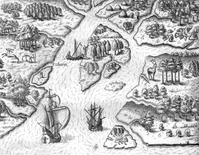 Jean Ribault érige une colonne portant les armes du roi de France à Charlesfort - Theodor de Bry