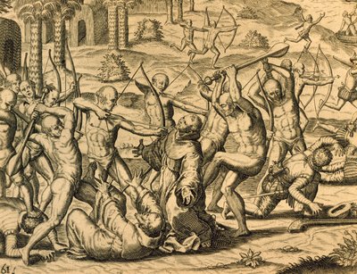 Martyr des moines missionnaires en Amérique du Sud, gravure de Historia americae, par Theodor de Bry (1528-1598), Francfort - Theodor de Bry