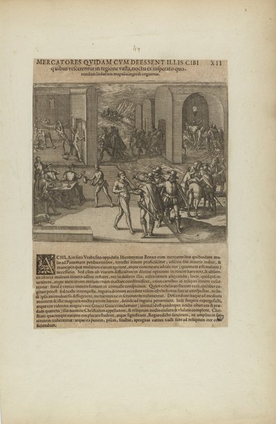 Mercatores Quidam cum Deessent Illis Cibi/Quibus Vescerentur in.... (extrait du livre Americae, cinquième partie) - Theodor de Bry