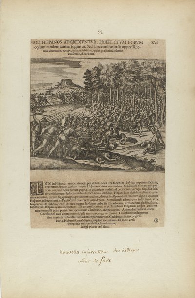Moli Hispanos Adgrediuntur, Praefe Ctum Eorum/Cedunt : Tandeum.... (extrait du livre Americae, cinquième partie) - Theodor de Bry