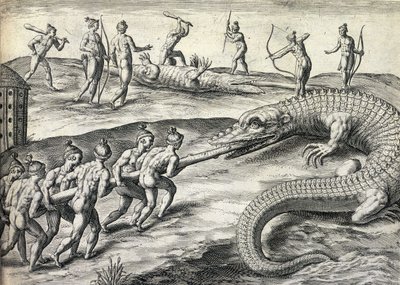 Amérindiens nus chassant des alligators en Floride, USA - Theodor de Bry