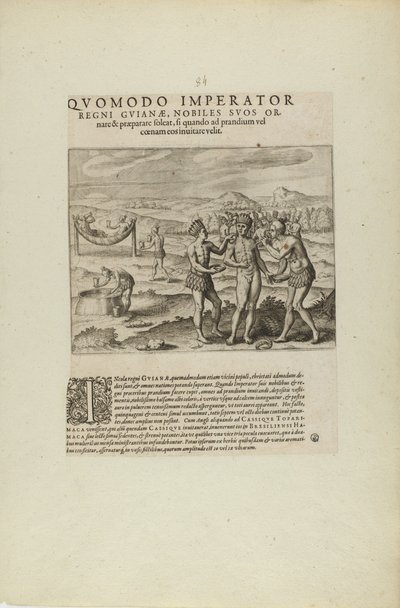 Quomodo Imperator/Regni Guianae, Nobiles Suos Or-/Nare.... (extrait du livre Americae, parties sept et huit) - Theodor de Bry