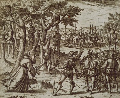 Sentence de pendaison de certains hommes de Christophe Colomb dans le Nouveau Monde - Theodor de Bry