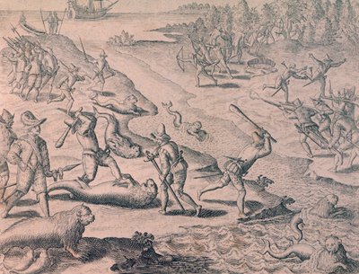 Massacre des lions de mer par les explorateurs - Theodor de Bry